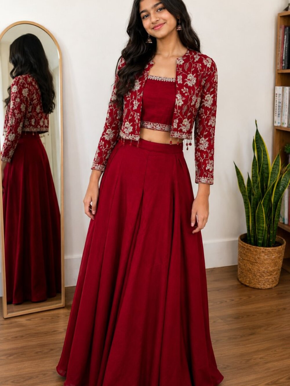 Maroon Red Embroidered Lehenga Set with Jacket & Crop Top | Indian Ethnic Wear
